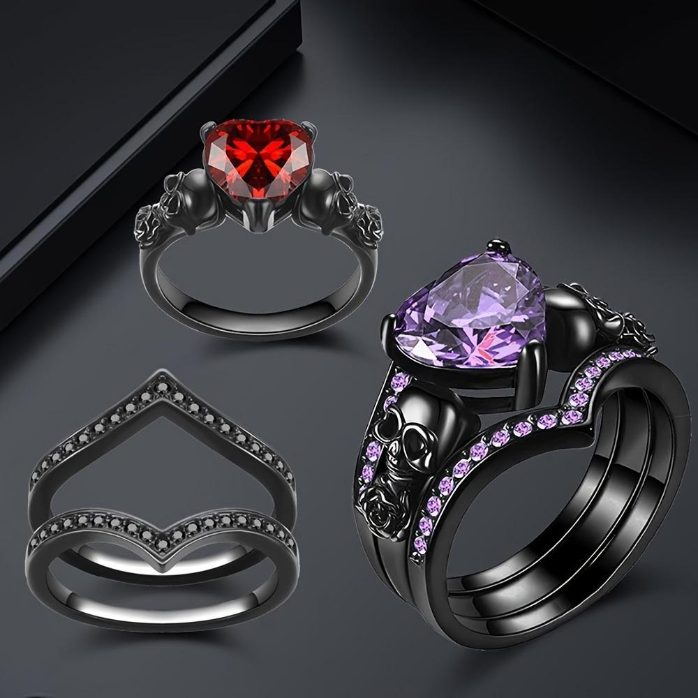 2pcs Gothic Style Stacking Ring Inlaid Zircon Horror Skull Design on The Band Multi Colors To Choose Perfect Halloween Decor
