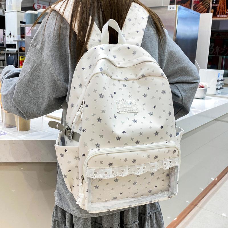 Schoolbag Sweet Star Printed School Bag Female Junior High School Campus Wind Transparent Window Design Backpack Large Capacity Pain Bag Backpack
