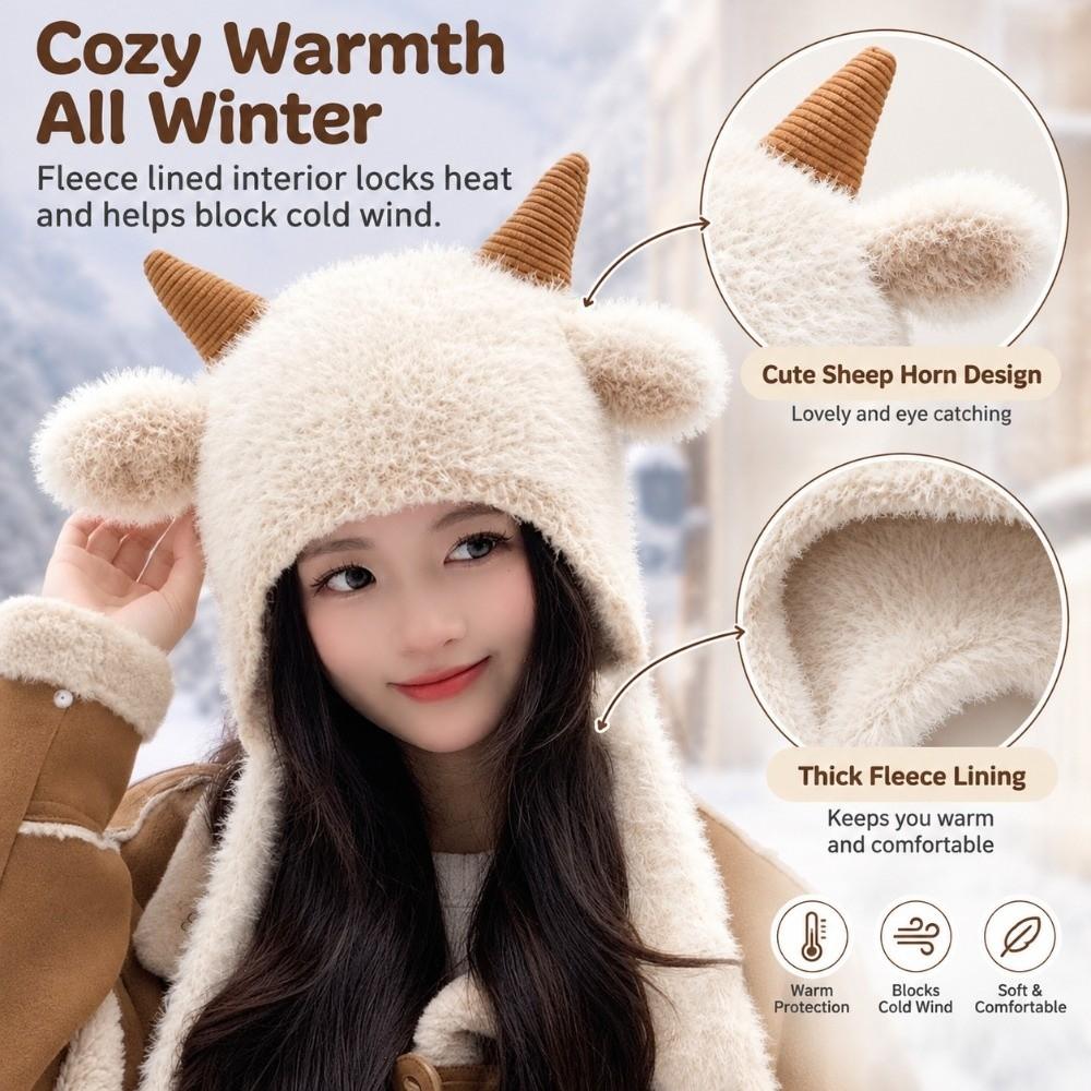 Fleece Lined Knitted Hat Korean Style Sheep Horn Hat Cute Trapper Hat Cold Weather