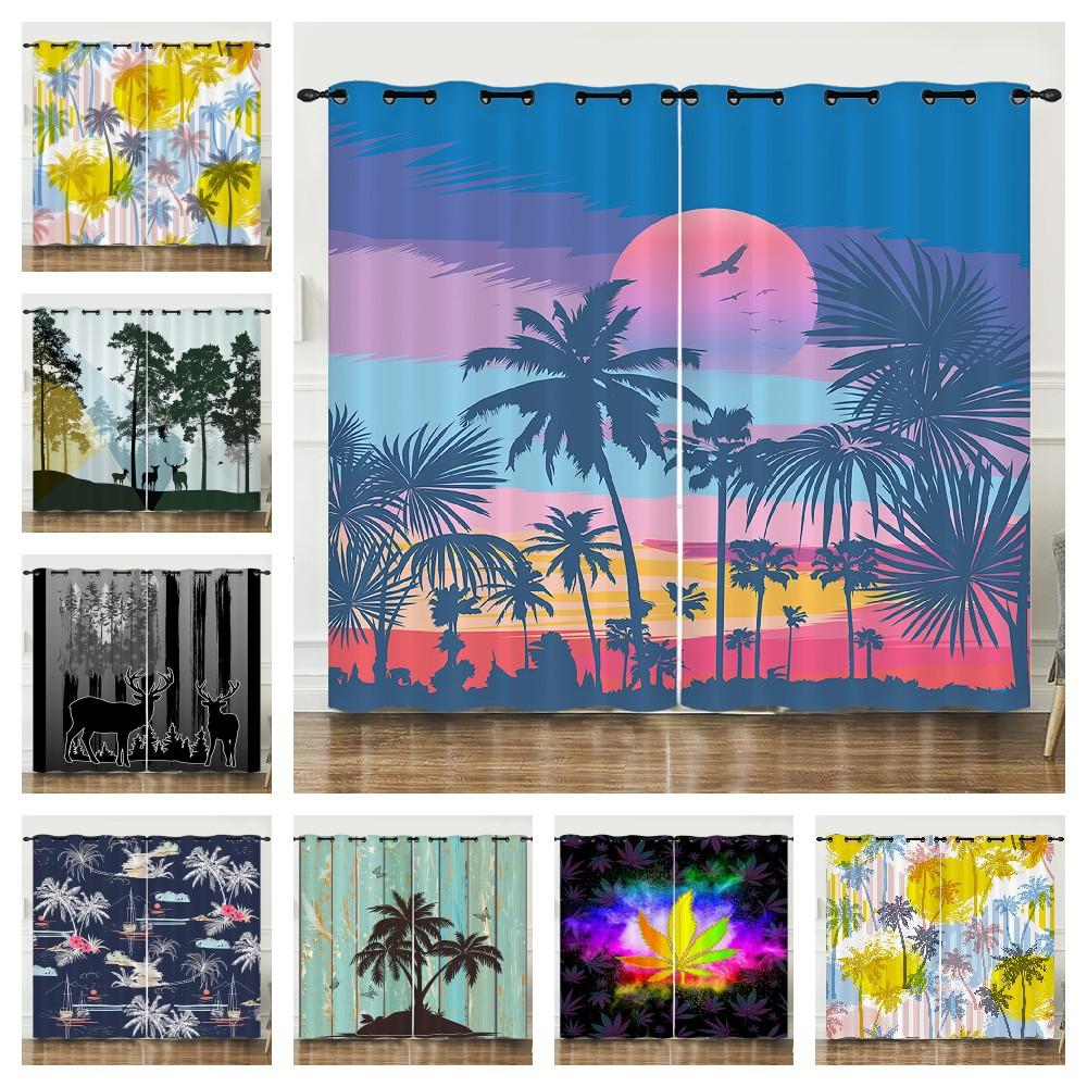 Curtains Summer Coconut Tree Decorative Sunshade 3D Digital Printing Blackout Curtain No Punching Bedroom