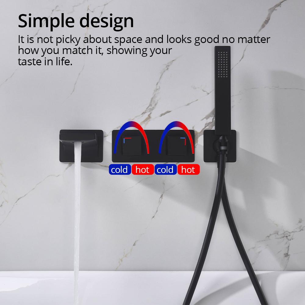 Black Wall Mounted Bathroom Faucet with Hand Shower Single Handle Spout Mixer Tap for Bathtub Modern Stylish Bath Faucets