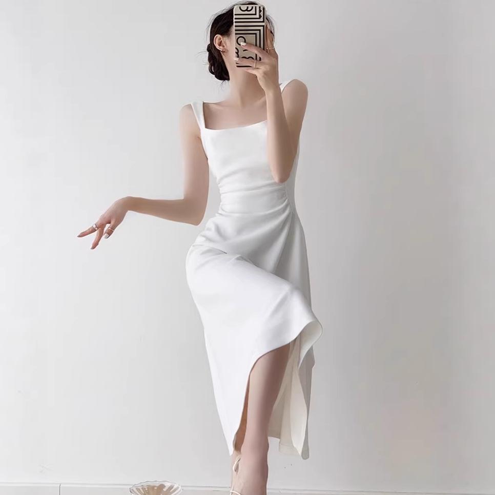 Women's Solid Color Waist-Cinching Short-Sleeved Dress for Summer Graduation, Engagement Party, and Everyday Wear