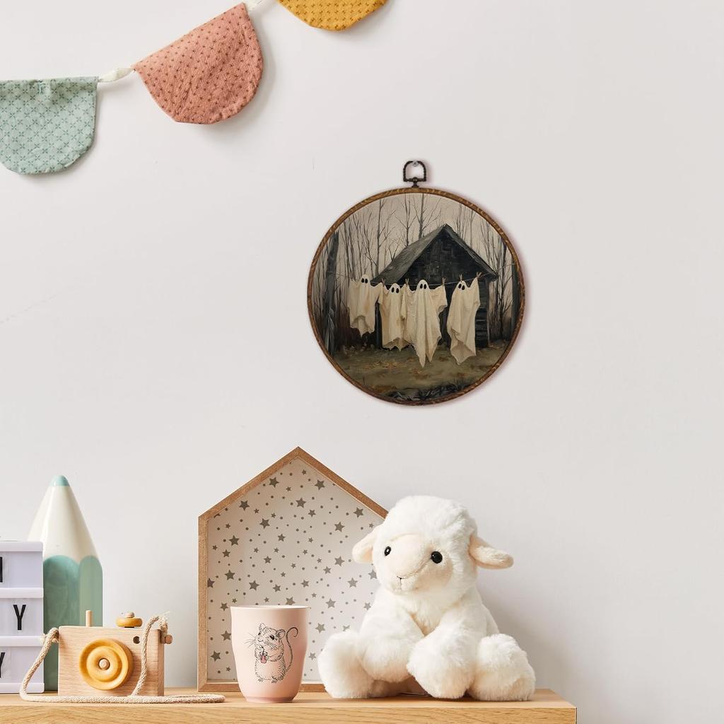 MOTERMATE Funny Halloween Ghost Wall Art Decor Round Framed, Spooky Laundry Ghost Canvas Wall Art Artwork Prints, Whimsical Rustic Hanging Decor