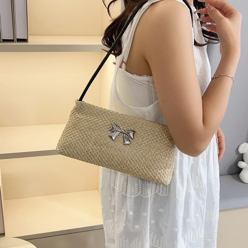 Large Capacity New Casual Temperament Underarm Simple Fashion Solid Color Bow Summer 2025 Straw Woven Shoulder Bag Bag