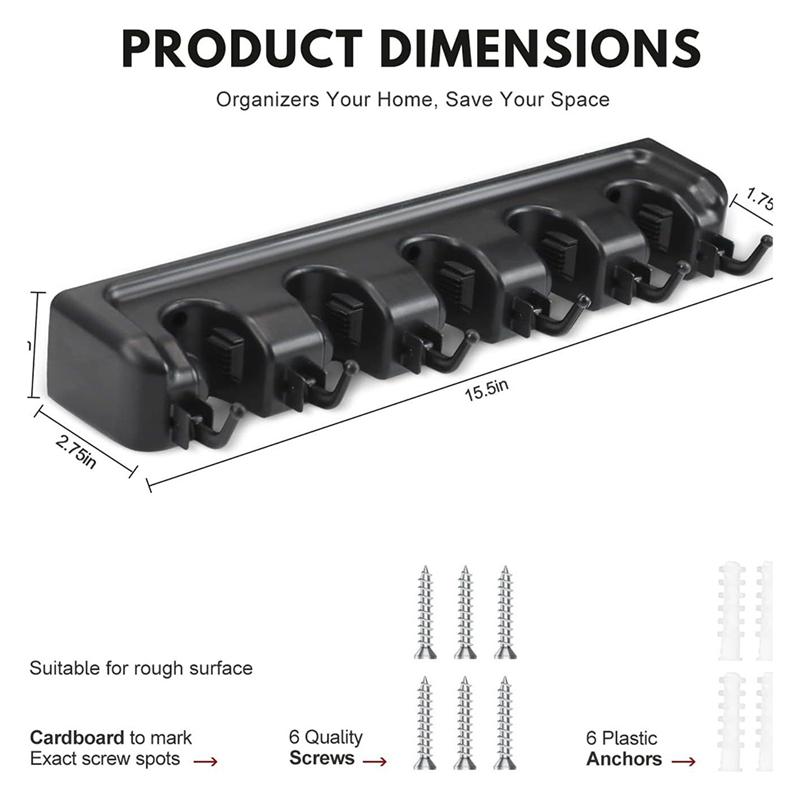 A20F-Broom Holder & Wall Mount Garden Tool Organizer Kitchen, Closet, Garage & Laundry Room Storage 5 Slots & 6 Hooks
