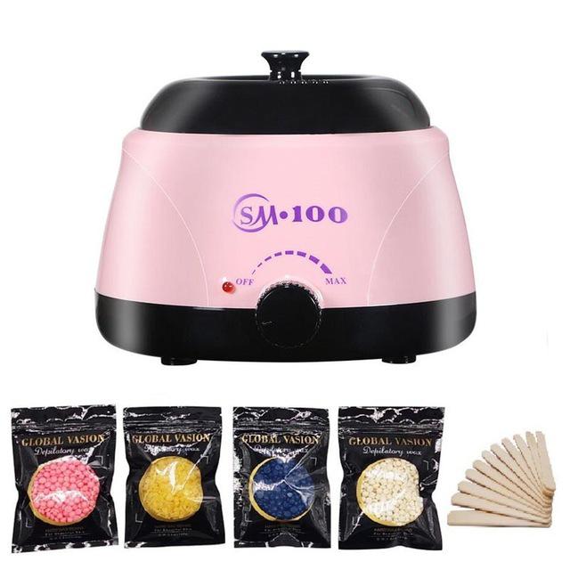 Elektrischer Wachserhitzer, Paraffinwärmer, Haarentfernungsmaschine, 100 g Bohnen, 10 Stück Holzaufkleber, Haarentfernungssets, Wachsset