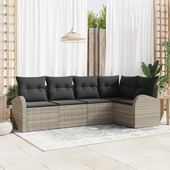 VidaXL Ensemble de Canapés de Jardin 5 Pièces avec Coussins Gris Clair Poly Rattan 3346042