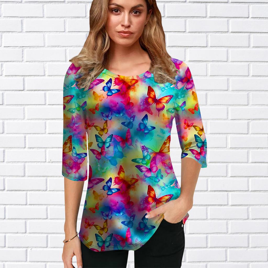 Womens Blouse 3D Colorful Butterfly Printing Flower Half Sleeve Tops Summer Casual Tops Printed Round Neck Half Sleeve T Shirt