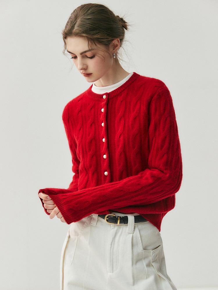 Dames 100% Kasjmier Kabelgebreid Vest - Ronde Hals, Parelknopen, Effen Kleur, Perfect voor Herfst en Winter