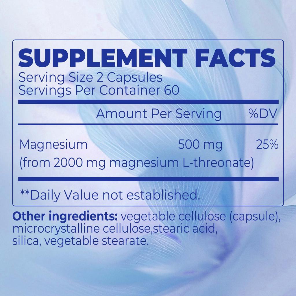 L-Magnesium-Threonat-Kapseln, 500 mg pro Portion, GVO-frei, 120 vegetarische Kapseln, für Erwachsene geeignet.