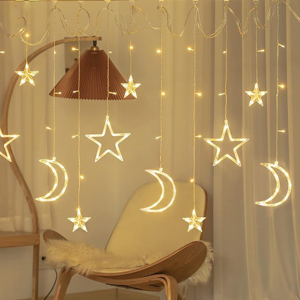 BQuel Star and Moon String Lights, 3.5m, 138 LEDs, USB Powered, 2-Way Power Supply, 8 Modes, Remote Control, Waterproof, Energy-Saving, IndoorOutdoor