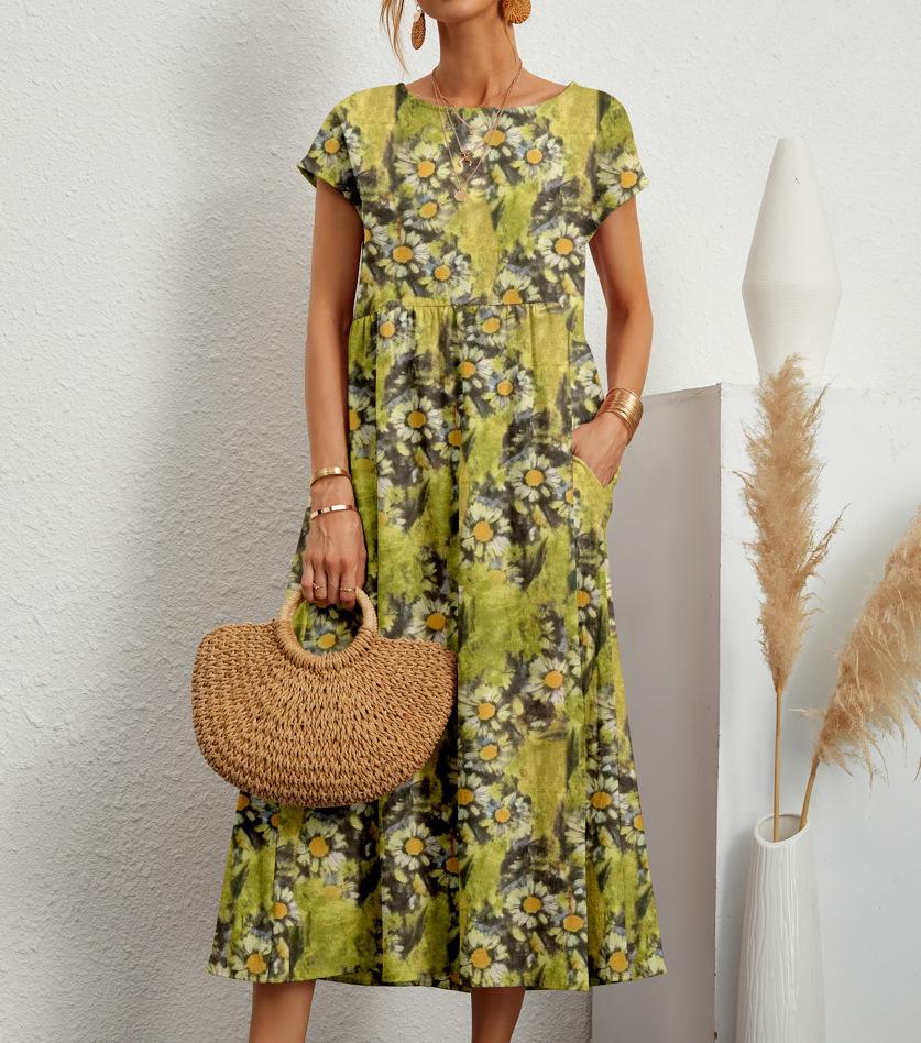 European & American Style Loose Sleeveless Cotton Linen Dress with Matching Colors & Sizes - Round Neck Summer Print Dress for Women