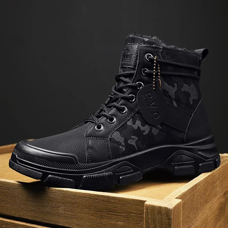 Winter New Men's Camouflage Boots Trendy Casual Retro Desert High Quality Plush Middle Top Motorcycle Outdoor Hiking Work Shoes