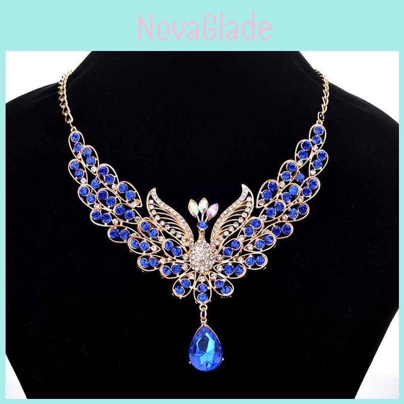 Exquisite Retro Pfau Halskette mit bunten Ohrsteckern Strass Schmuckset