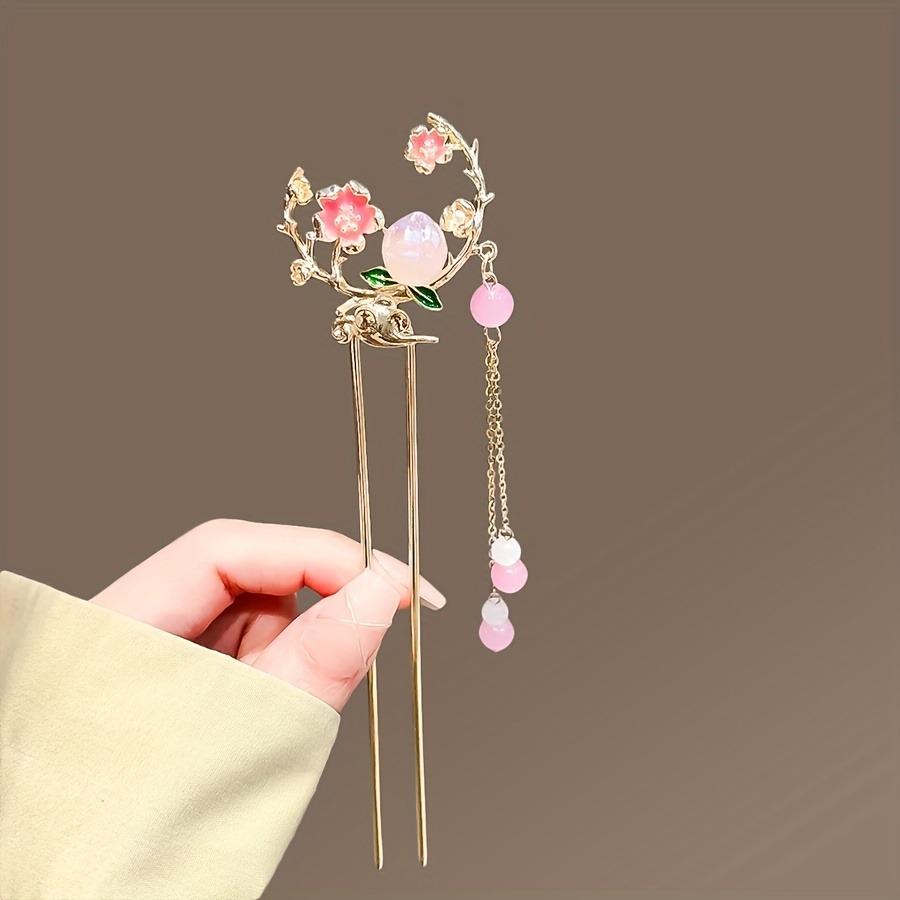 

1pc Elegant Peach Blossom Tassel Hairpin Vintage Chinese Style Hair Stick for Women Alloy Floral Hairstyling Hairstyle Accessory