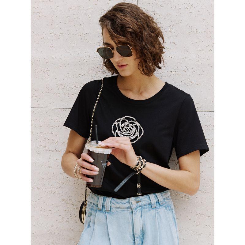 

Blacknini Yin Huafu/ Bright Rose Cotton Boutique Long-staple Cotton Embroidery Diamond Decorations T-shirt (Two Colors) Black S