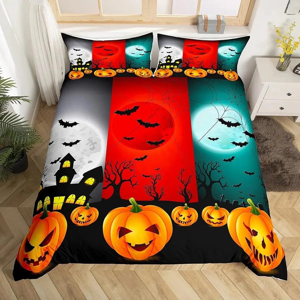 Halloween Duvet Cover Set Gothic Spooky Bedding Sets,Pumpkin Lantern Comforter Cover Horror Ghost Witch Hat Cat Bat Quilt Cover