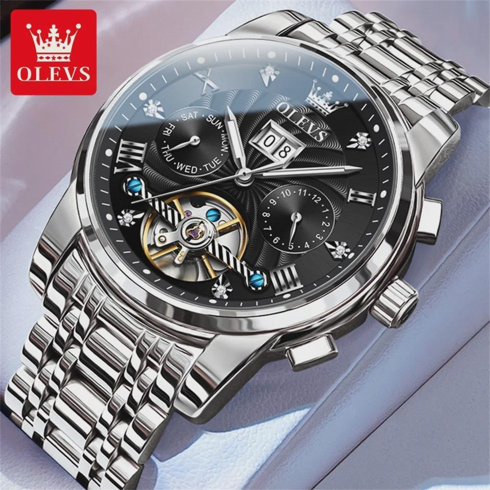 OLEVS Luxury Gold Tourbillon Mechanical Watch for Men Stainless Steel Waterproof Luminous Date Business Mens Watches