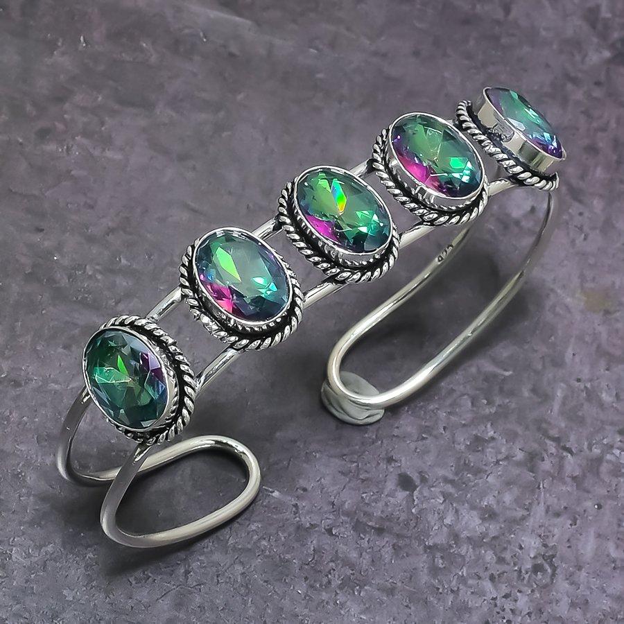 Mystic Topaz Gemstone 925 Sterling Silver Cuff Bangle Adjustable