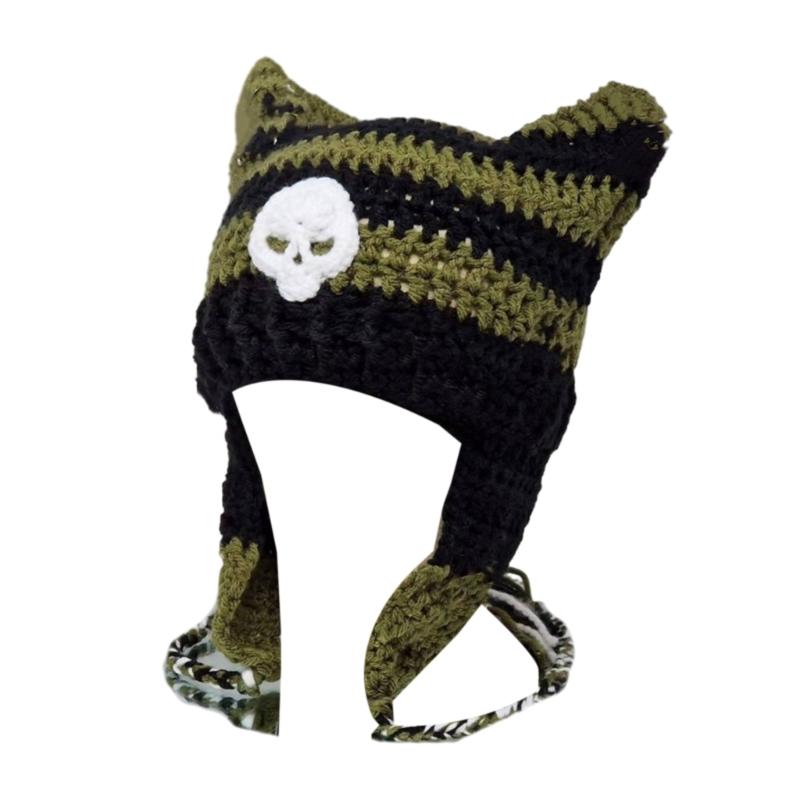 Y2K Anime Ear Cap Windproof Hat Female Beanie Headwear Handcrochet Pullover Hat