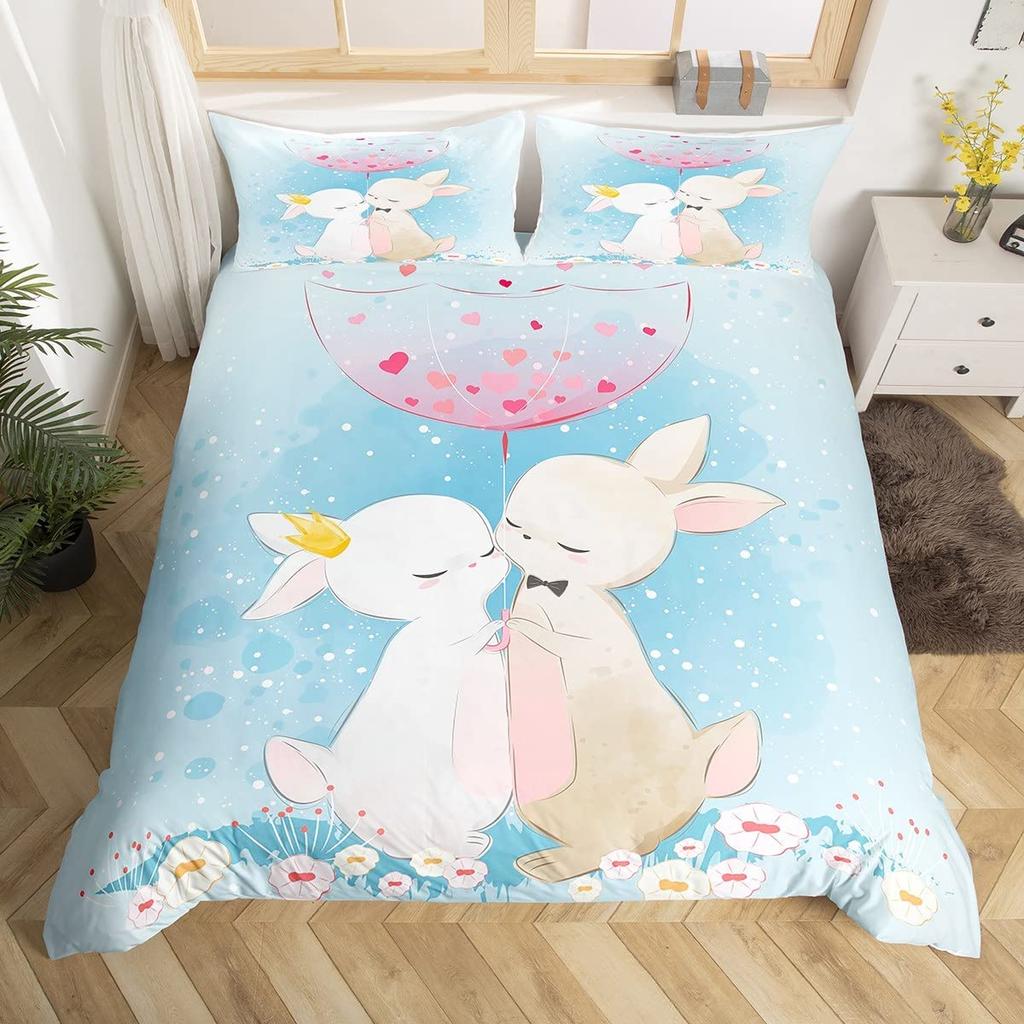 Cartoon Rabbit Duvet Cover Twin Cute Animal On The Moon Quilt Cover Microfiber Cloud Galaxy Space Bedding Set for Boy Girl Gift