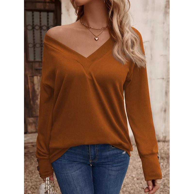 Women's V-Neck Button Down Shirt 2025 Fall Winter Long Sleeve Loose Fit Casual Top Blouse