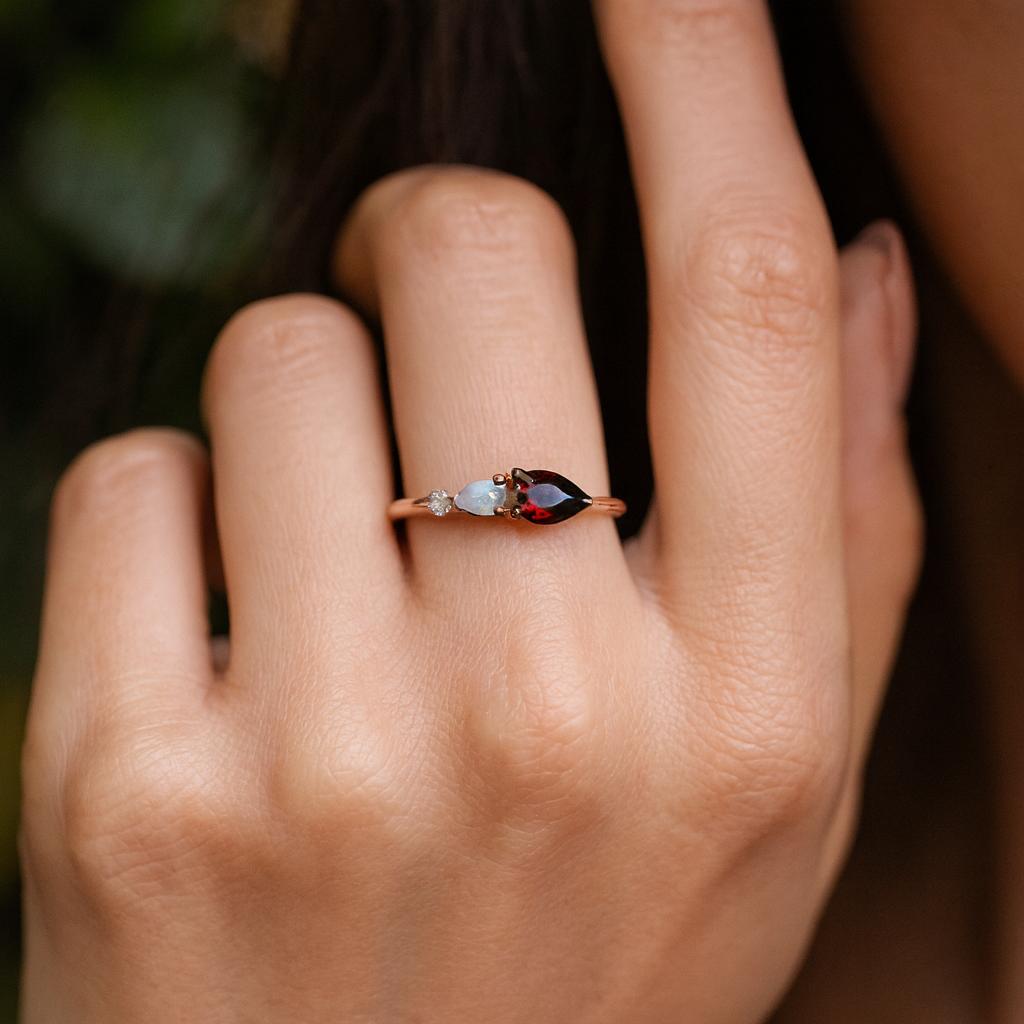 Red Garnet Bridal Ring, Pear Opal Statement Ring, Cubic Zirconia Wedding Ring, Rose Gold Plated Jewelry