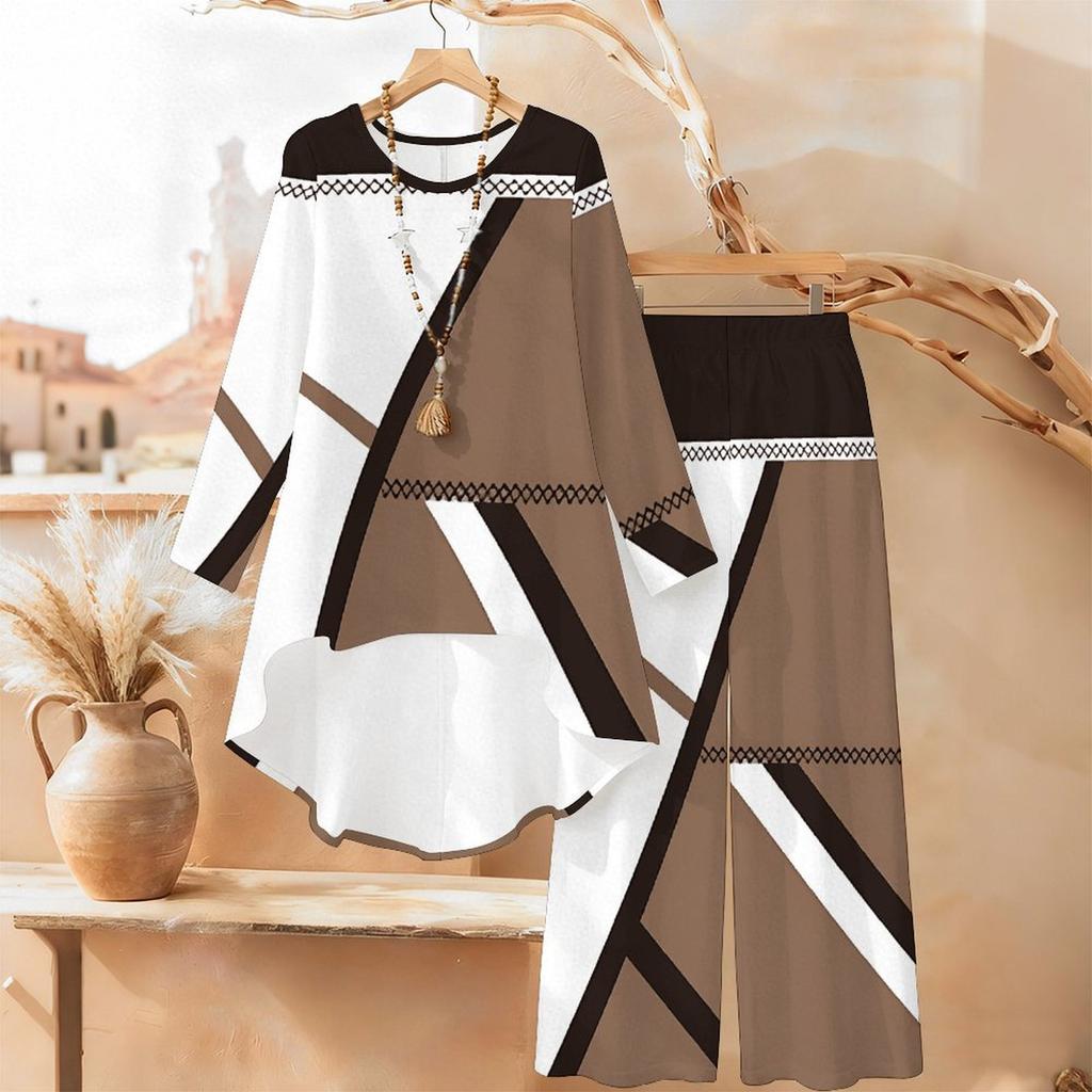 Marble Print Two Piece Outfit Women Long Sleeve Irregular Hem Tunic Top Wide Leg Pants Casual Matching Set