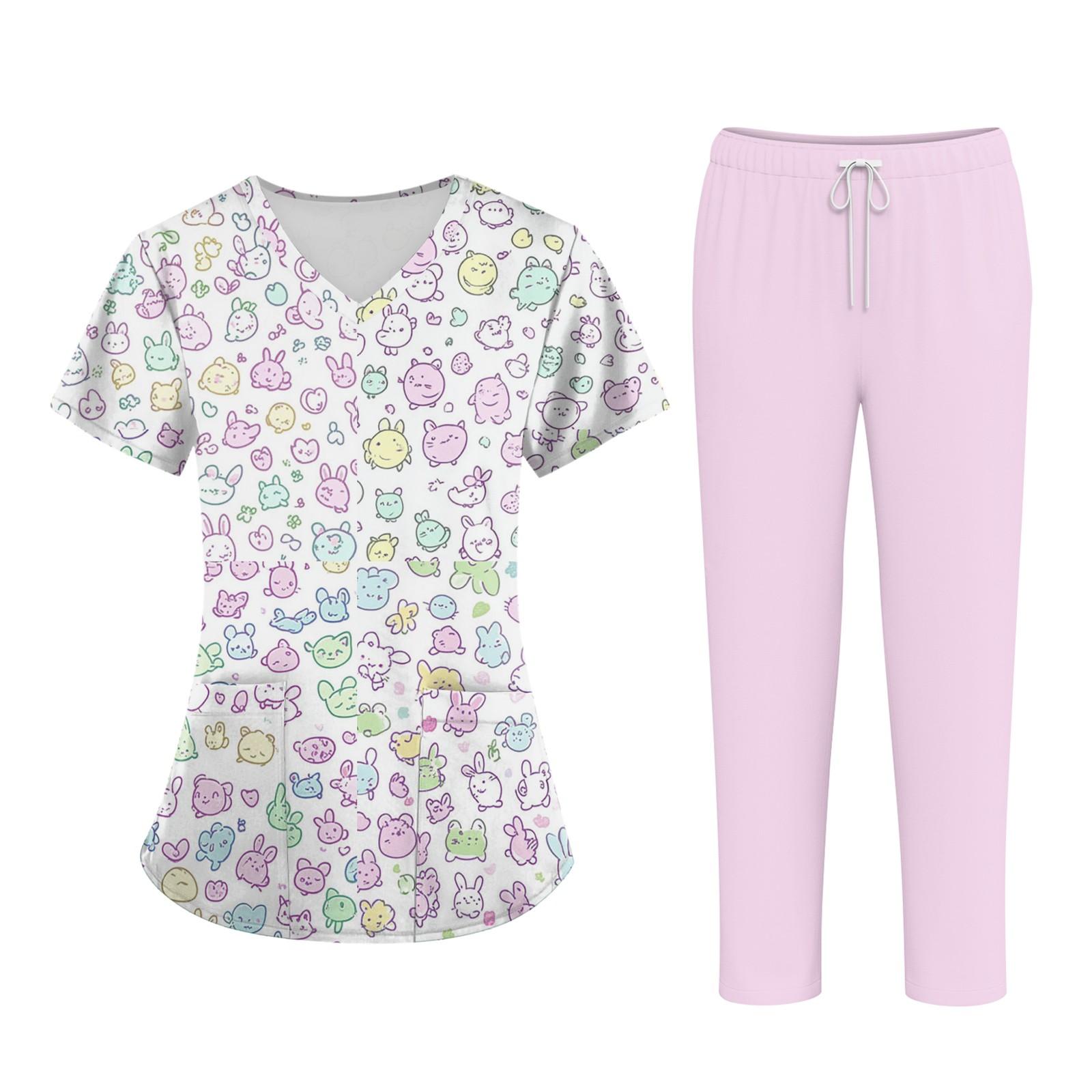 

Плюс размерСкраб с принтом Рабочая форма Топы для женщин Крест V-образным вырезом Хэллоуин Принт с короткими рукавами Забавные футболки Спецодежда Футболка с карманами M