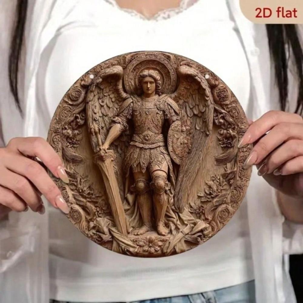 Metal Poster Archangel Michael Sword Armor Round 8x8 Inch Home Wall Art