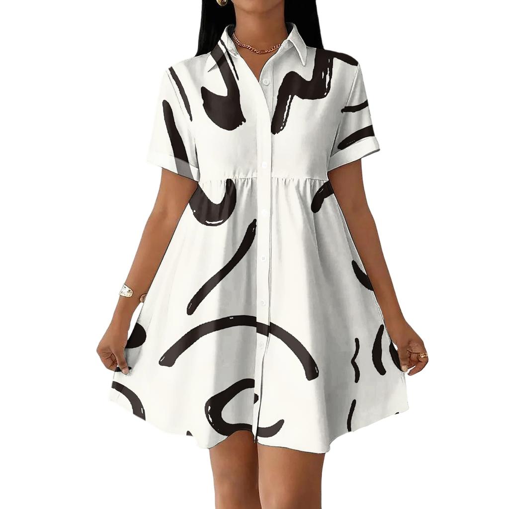 Damen Lässiges Lockeres Hemdblusenkleid mit Knopfleiste Kragen und Abstraktem Druck Kurze Ärmel Entspannte Tunika Kleider