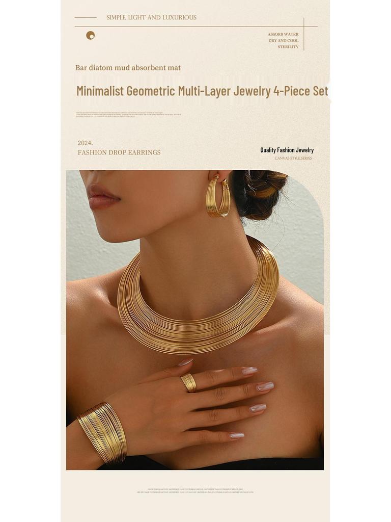 Ensemble de colliers européens et américains en métal statement à plusieurs couches en spirale pour femmes - Accessoire de mode quatre pièces