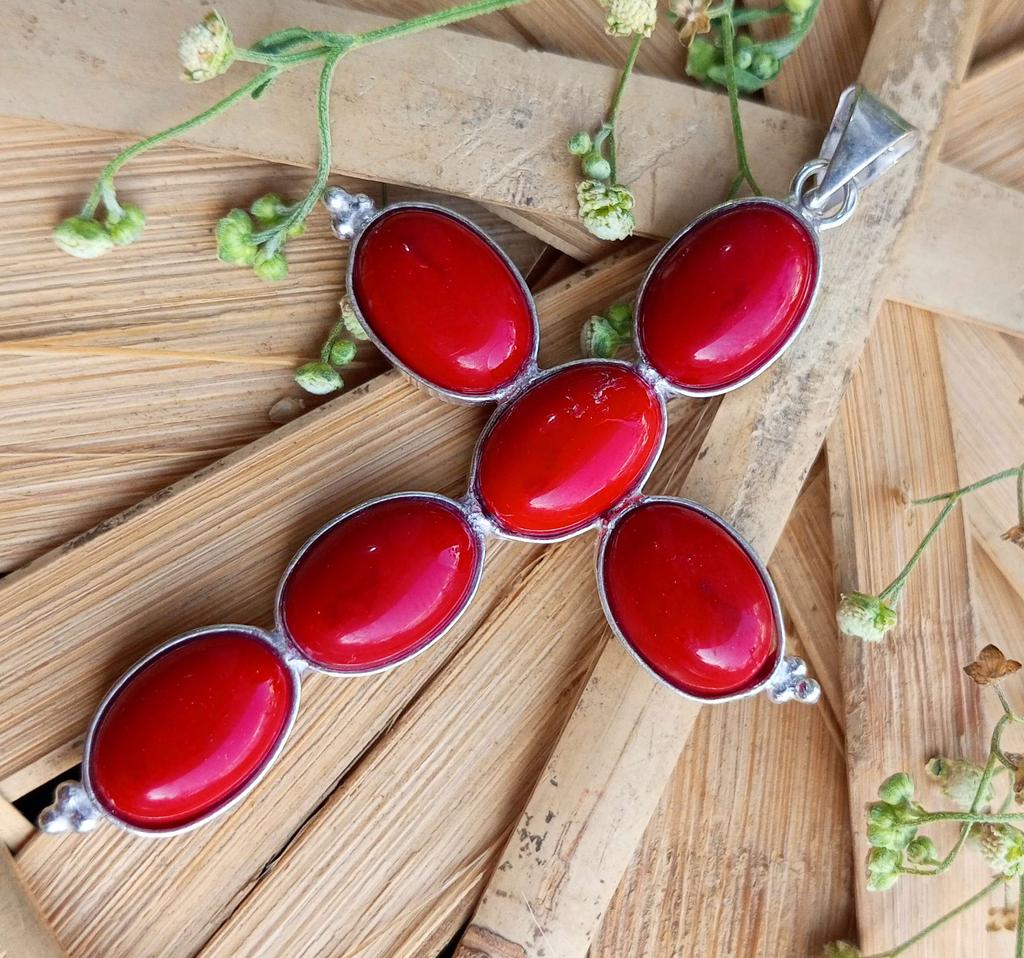 Coral Gemstone 925 Sterling Silver Plated Gifted Cross Shape Pendant Jewelry NST-J2H974