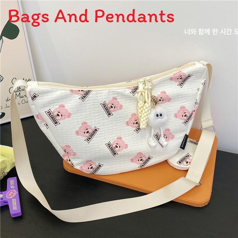 Cute Bear Print Cotton Shoulder Bag For Daily Use With Zipper Closure And Mobile Pocket