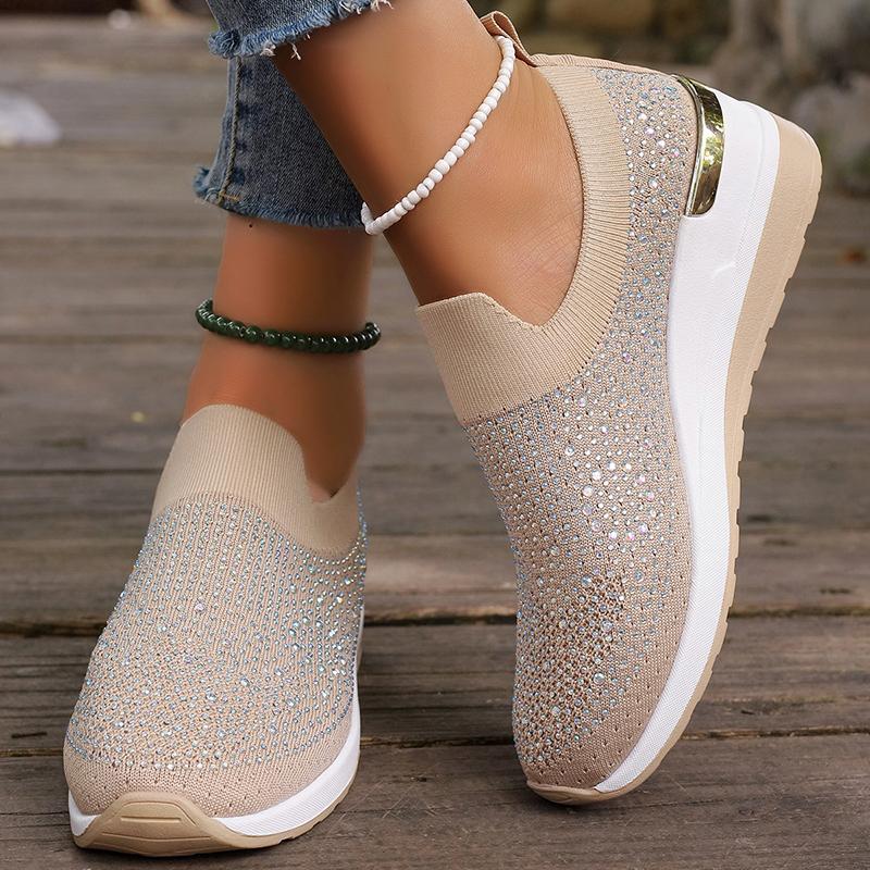 Fashion Hot Pink Shiny Crystal Knitted Sneakers for Women Fashion Wedge Comfortable Sports Shoes Woman Lightweight Slip On Running Shoes