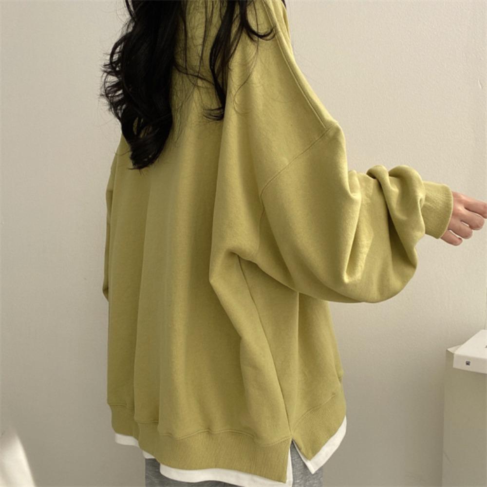Women's Casual Two-in-One Sweatshirt, Loose Korean Style Solid Color Fleece Top, All-Match Spring Autumn Outerwear