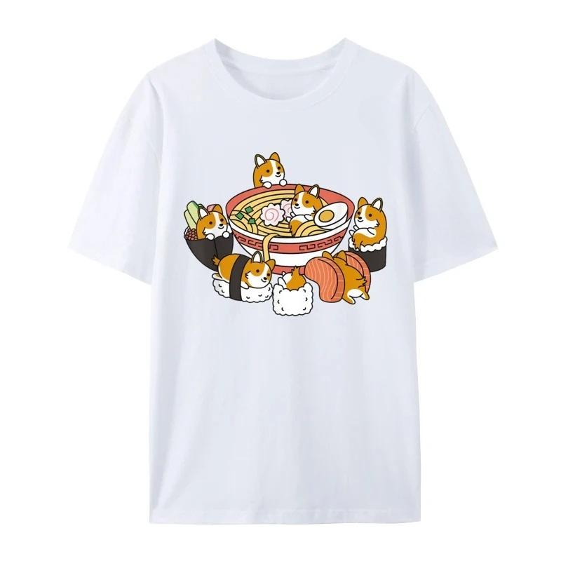 2025 Casual 100% Pure Cotton Short Sleeved Printed Top Ramen Sushi Corgi Dog T-shirt Summer Autumn Couple Outfit