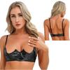 Womens V-Notch Underwired Shelf Bra Push Up Adjustable Spaghetti Straps Bralette Patent Leather  Brassiere