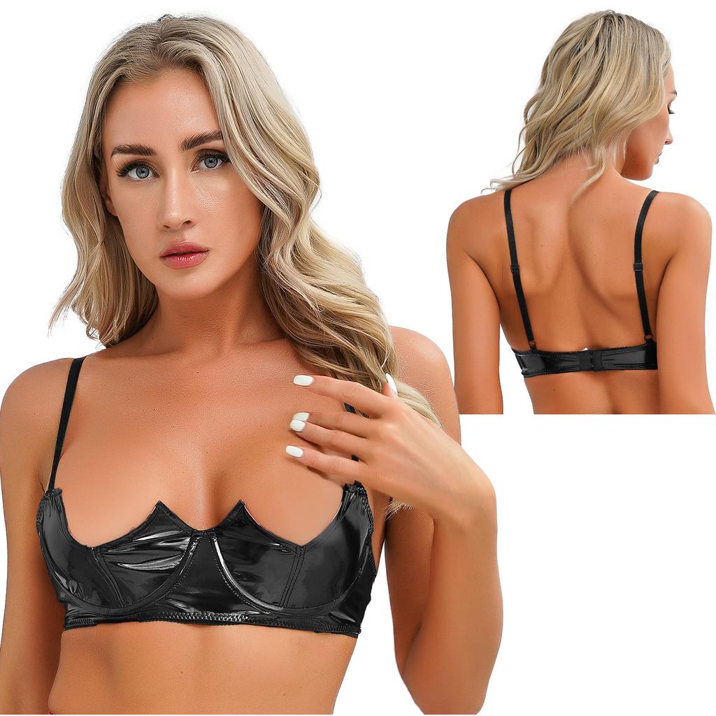 Dame V-Notch bøyle BH Push Up Justerbare Spaghetti stropper Bralette Bh i patentskinn
