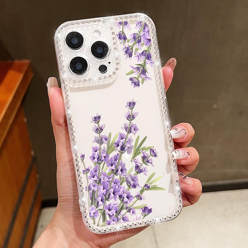 Floral Pattern Clear Shockproof Phone Case For iPhone 16E 16 Pro Max 15 Pro 14 13 12 11 Diamond Frame Anti-Fall Soft Silicone Bumper Cover
