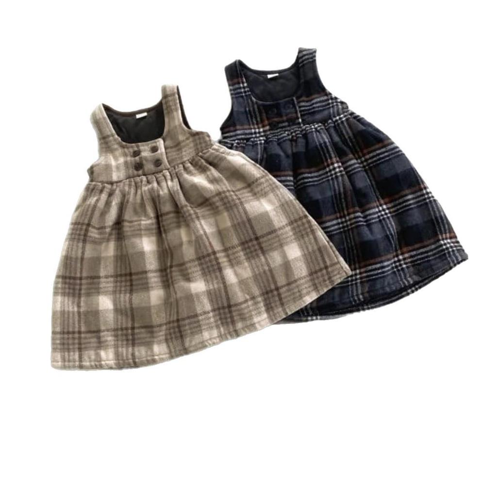 Girls' Plaid Wool Lined Vest Dress - Autumn/Winter Academy Style Strap Dress