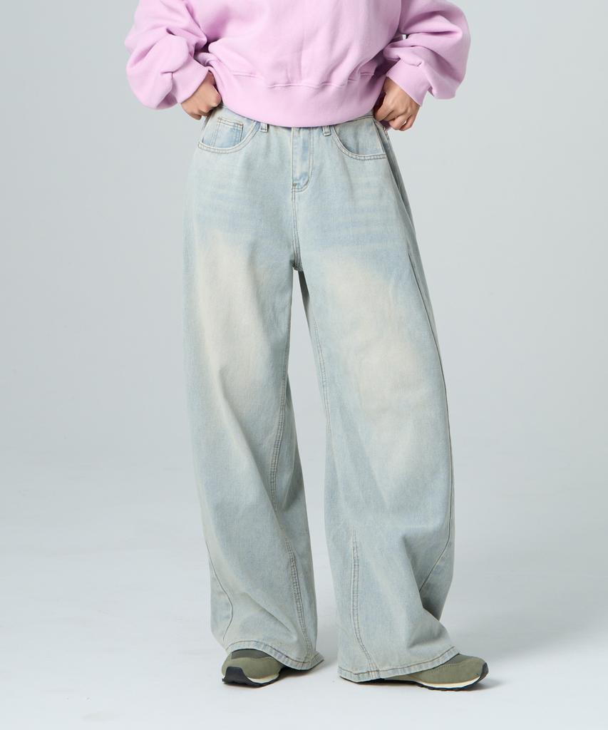 ROCKED GARAGE [Unisex] Balloon Fit Side Pintuck Wide Denim Pants [Light Wash]