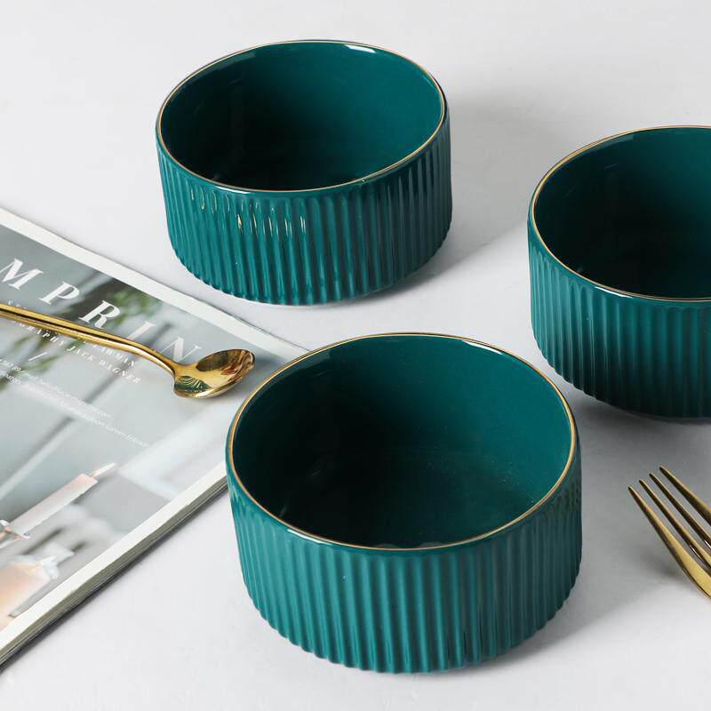 Emerald Green Gold-Rimmed Tableware Set: Vertical Stripes Design, Creative Rice and Soup Bowls