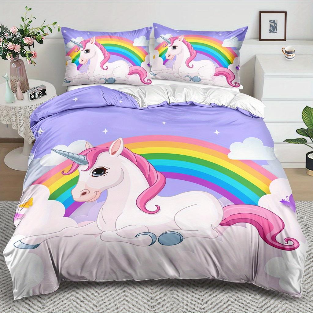 Unicorn Theme Duvet Cover Set - 2/3Pcs, Soft Comfortable Breathable, Rainbow Unicorn Print Bedding Set, Fantasy Animal Print