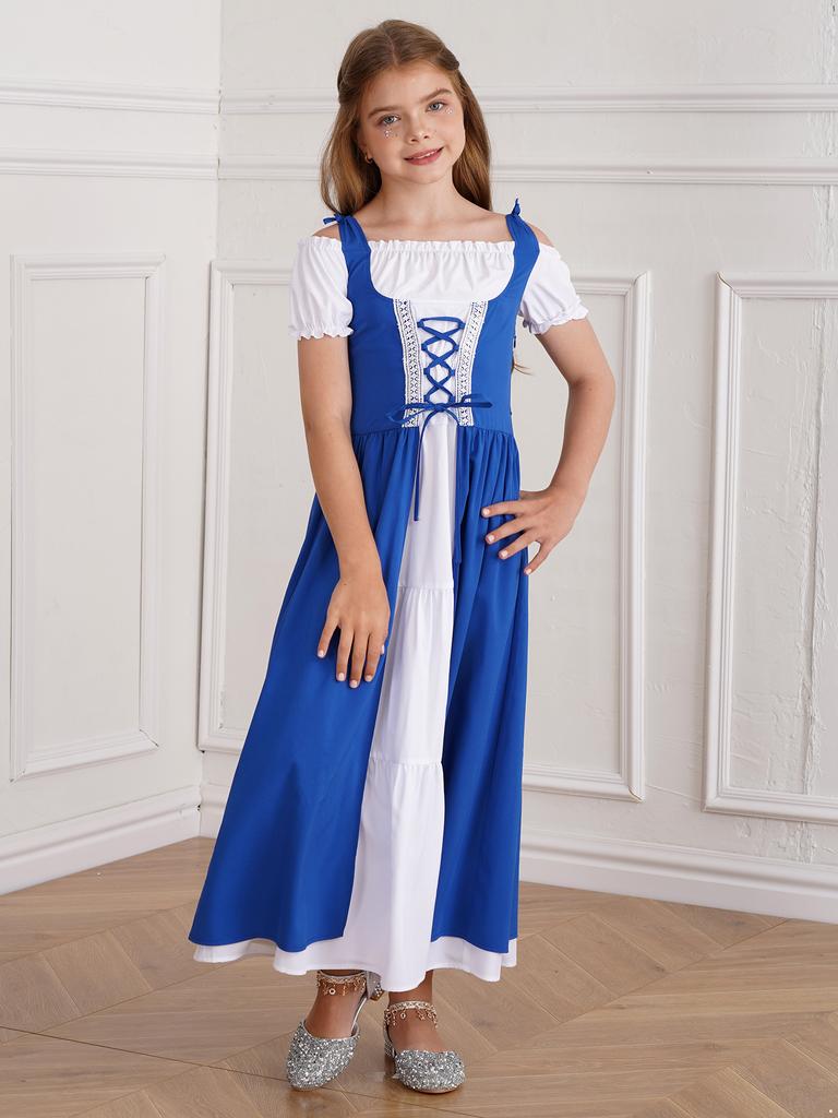 Girls Medieval Renaissance Style Pricess Costume Witch Role Playing Kids High Waist Ruffle Dress Halloween Fancy Dress-up Party