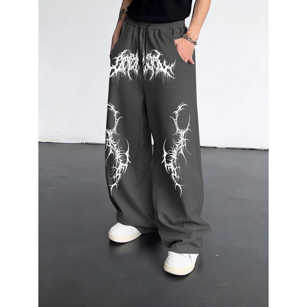 Black Loose Wide Leg Men's Sports Pants, Street Style Cool Flame Pattern, Drawstring Closure Street Style