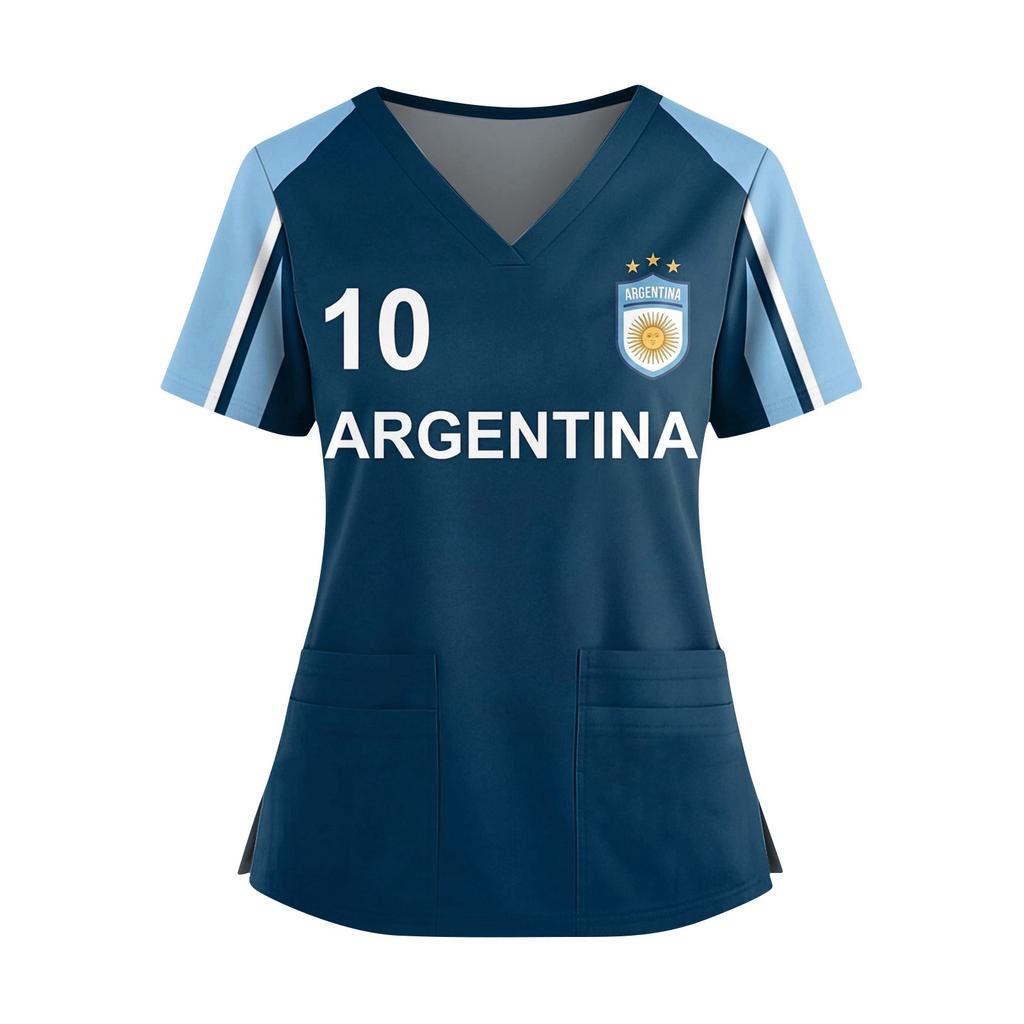 Women's V-Neck Short Sleeve Work Top with Pockets and Side Slits, Soccer Flag Print