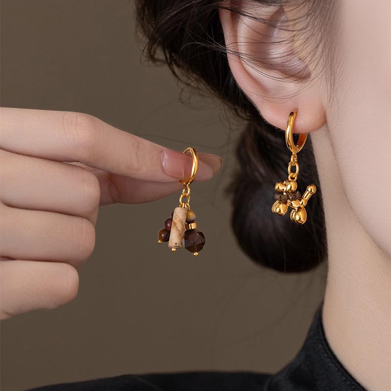 18k Gold Plated Tiger Eye Small Dog Earrings: Retro Melanin Luxury Versatile Accessories for Women