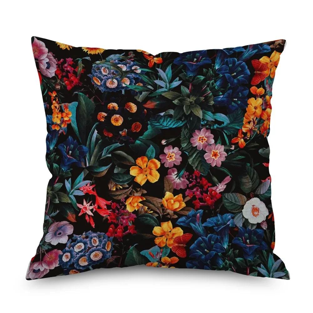 Vintage Floral Leinen Kissenbezug Schwarze Nacht Rose Kissenbezüge Dekorativ Interieur für Heimdeko Kissenhülle für Schlafzimmer 45x45