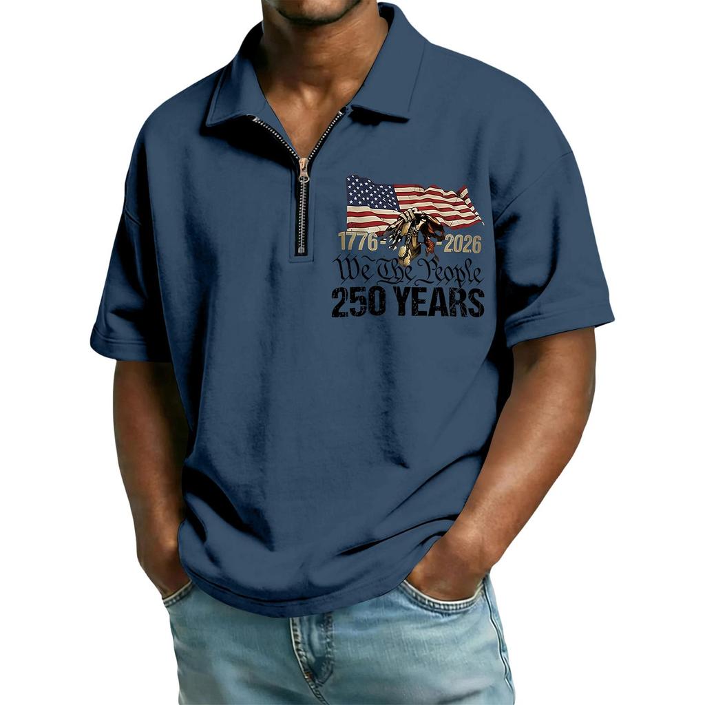 Men's Casual Loose Fit Polo Shirt Short Sleeve Top with Flag and Letter Print Zipper Collar Comfortable Summer Wear